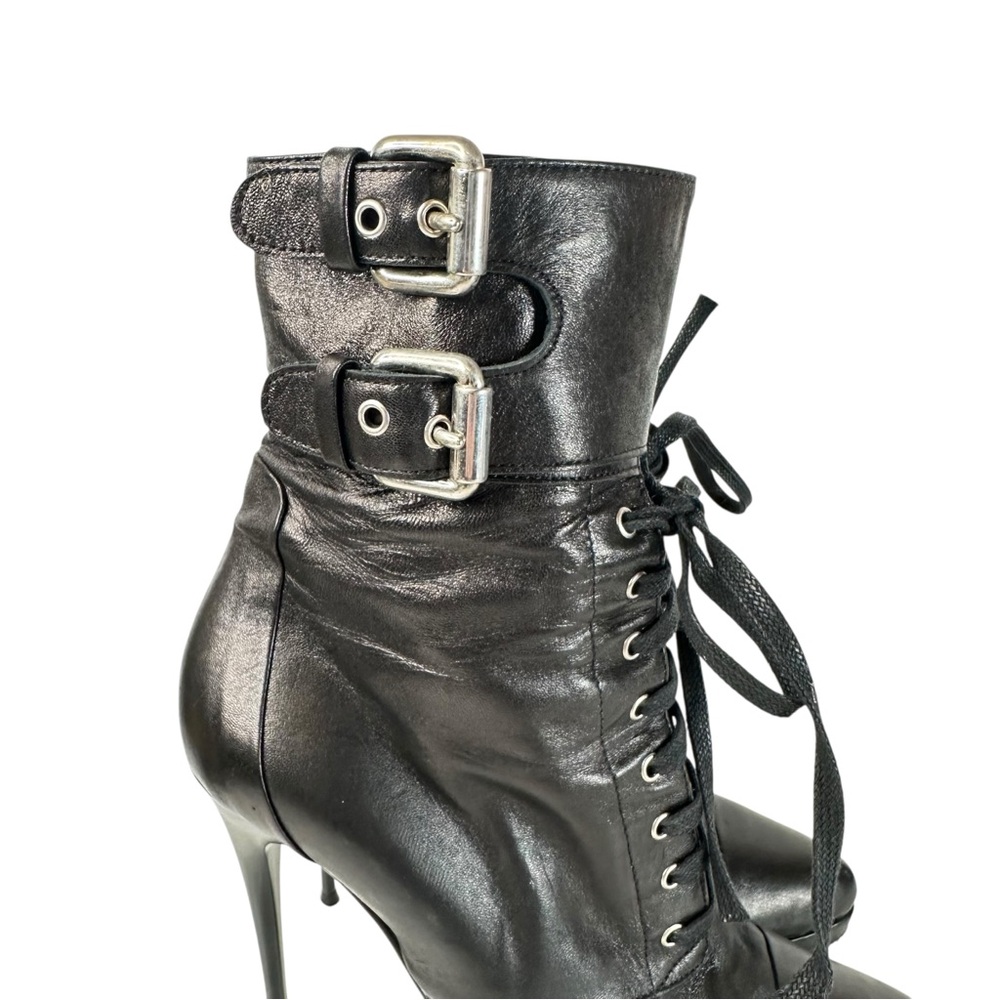 Mimosa Black Leather Stiletto Lace Up Buckle Ankle Boots Euro 37.5 Moto Chic - Picture 4 of 14